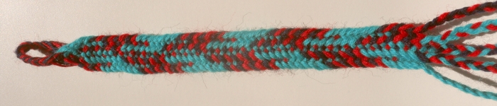 Iron Age fingerloop braid replica of HallTex 301, pattern as described in text of study. Loopbraider.com